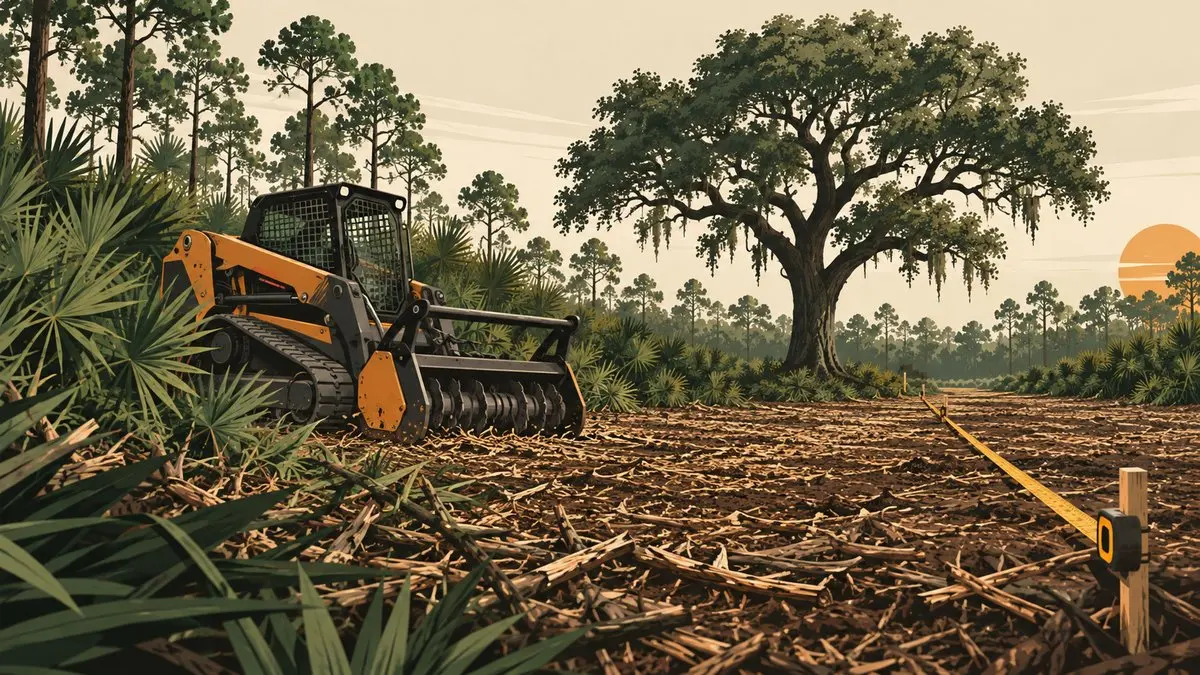 Skid steer with a forestry mulcher head clearing pine and palmetto on an Ocala, Florida lot
